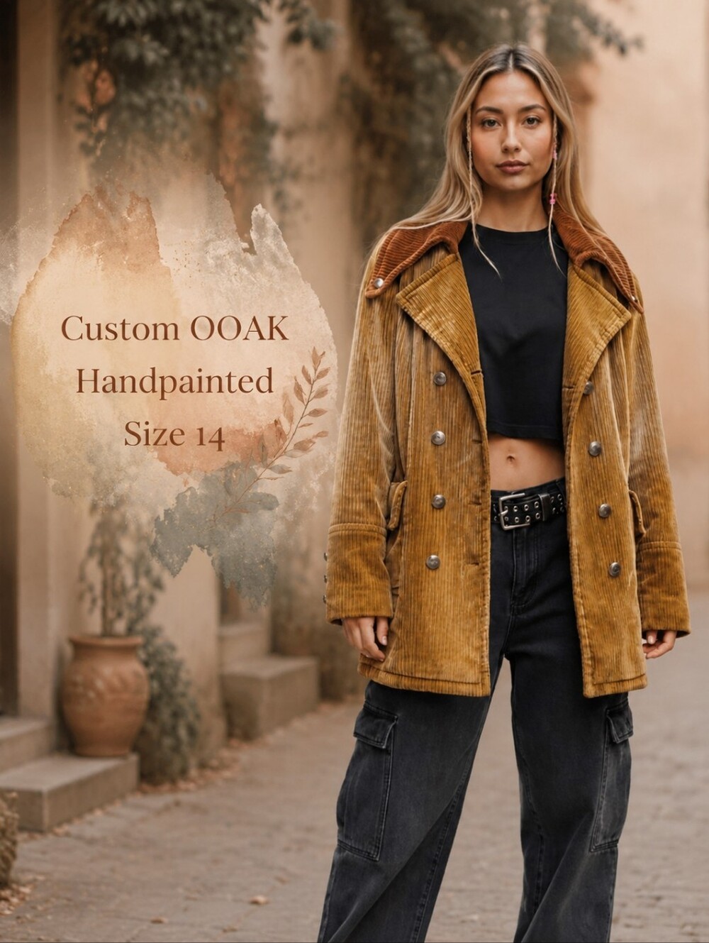 Custom Vintage Corduroy Yellow Brown Ombre Double Breasted Jacket 90s Large OOAK